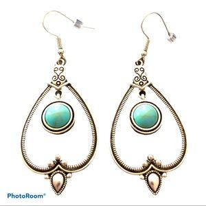 New! Boho‎ Southwestern Turquoise Hoops Antiqued Silver Earrings